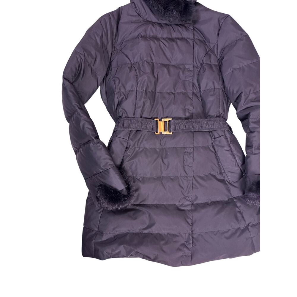 T Tahari Down Puffer Coat Womens Large Black Belted Rabbit Fur Trim Hood Sleeves - Picture 2 of 7